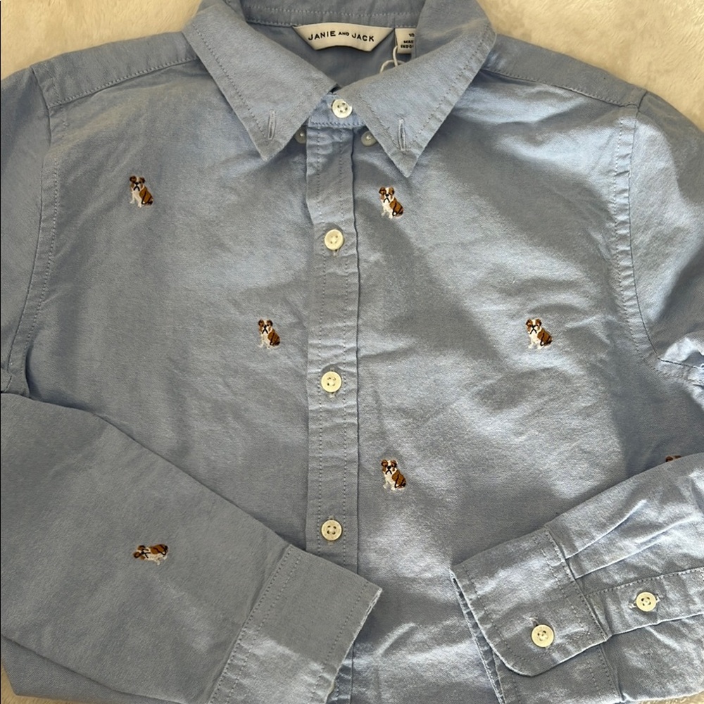 Janie and Jack Blue Button Down Shirt with Embroidered Dogs